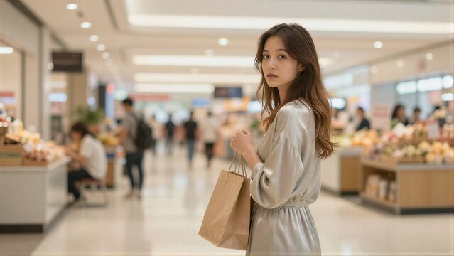 Young woman in mall holding bag looking over shoulder with thoughtful