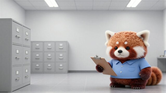 Red panda in blue shirt holds clipboard sits beside filing cabinets