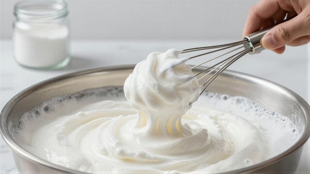 Hand whisks creamy whipped egg whites in metal bowl sugar jar nearby.