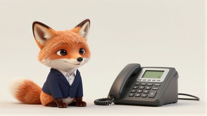 Fototapeta premium A cartoon fox in a suit sits beside a landline phone looking