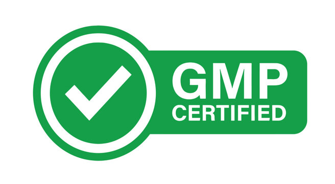 A green and white GMP Certified badge with a checkmark, indicating quality and compliance.