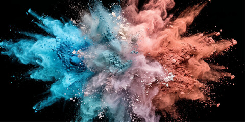 A vibrant explosion of colorful powder, with striking shades of pink, teal, and orange, bursts against a dark background, creating a dynamic and energetic abstract display. © BIBI