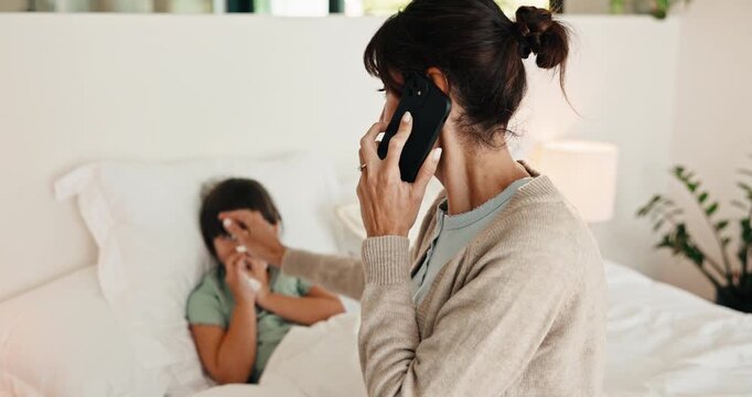 Phone call, thermometer and mom with sick child in bed for concern with flu, fever and symptoms. Family, home and mother with girl on cellphone for virus, infection and telehealth consultation