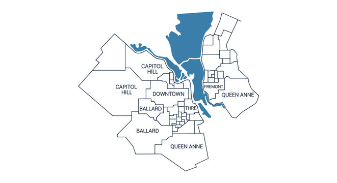 Seattle Neighborhood Map Outline with Water Highlighted