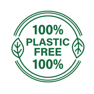 A green circular logo with the text '100% PLASTIC FREE 100%' and two leaf icons, symbolizing environmental sustainability and eco-friendliness.