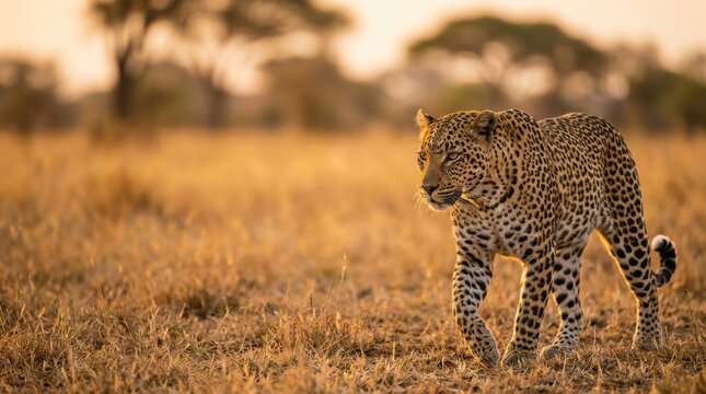 Leopard walking in dry savanna grass during golden hour sunset