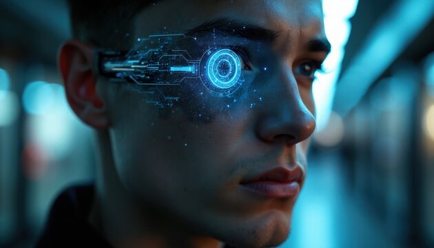 Man with cybernetic eye implant. Futuristic tech replaces human eyeball with glowing digital interface. Vision enhancement with advanced optical device. Future technology concept.
