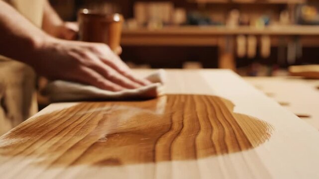 Craftsman Hand Applying Dark Wood Stain with Cloth onto Raw Wood Board in Workshop