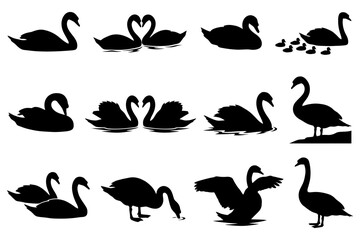 Fototapeta premium Elegant swan silhouettes: pairs, solo, and family group designs.