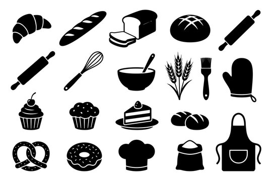 Baking essentials: bread, pastries, tools, and ingredients icon set.