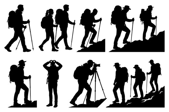 Silhouettes of diverse hikers climbing with gear and equipment.