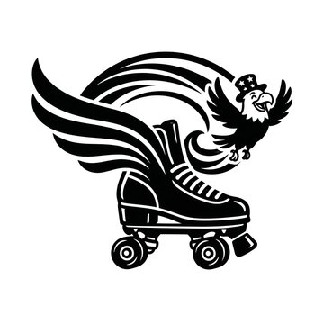 Black and white eagle flying with retro roller skate design