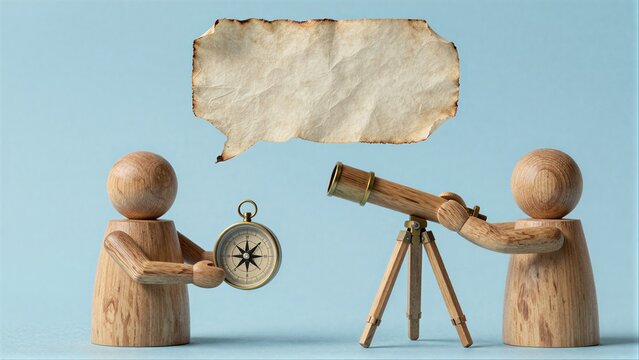 Two wooden figures one with compass another with telescope above a