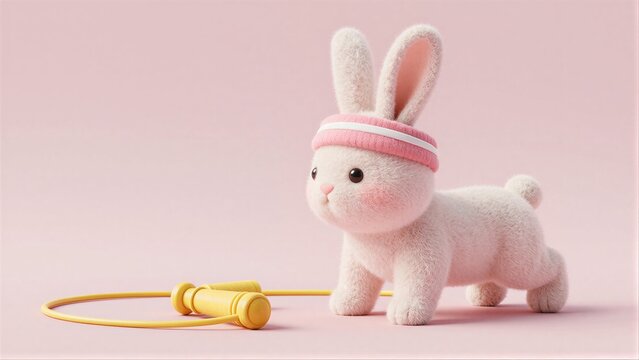 Cute bunny in pink headband beside yellow jump rope on soft pink