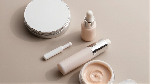 Minimalist skincare setup: jar dropper bottle brush with product