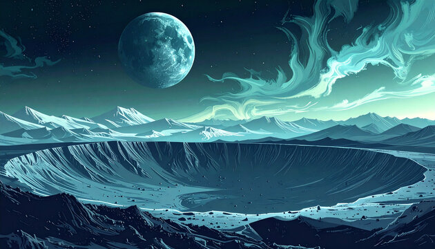Alien planet landscape with a huge crater and moon
