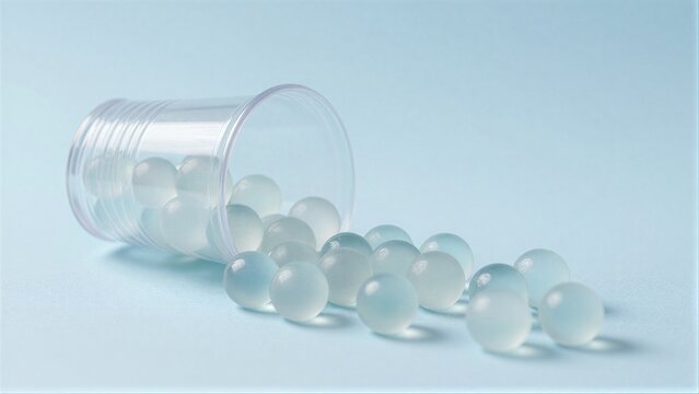 Clear plastic container spills translucent beads onto a soft blue