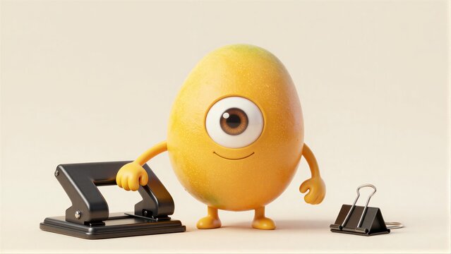 One-eyed mango character smiles beside a paper punch and binder clip.