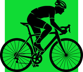 Obraz premium Silhouette of a professional cyclist racing on a road bike against a bright green background.