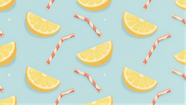Lemon slices and striped straws on light blue background in a playful