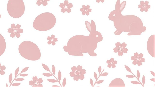Pink rabbits eggs and flowers scatter across a soft white background.