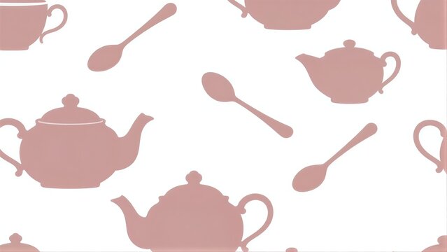 Pink teapots and spoons scattered across a clean white background.