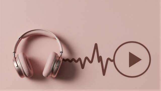 Pink headphones rest beside audio wave and play button on soft pink