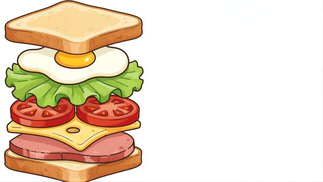 A colorful cartoon sandwich with egg lettuce tomato cheese and meat.