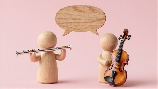 Two wooden figures play flute and violin sharing music under a speech