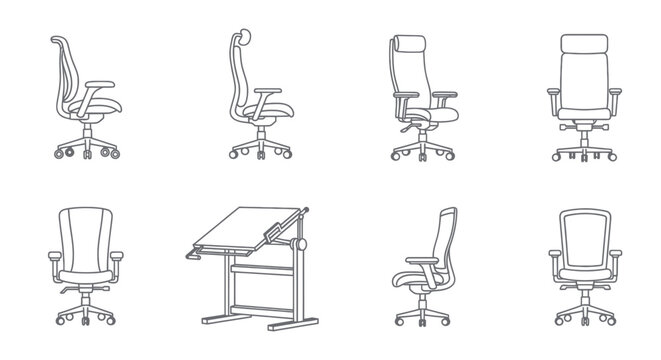 Office Chairs Collection Set - Line Art Vector Illustration