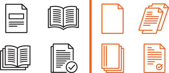 Document and book line icon set with paper sheets open books and checkmark symbols vector illustration © reza