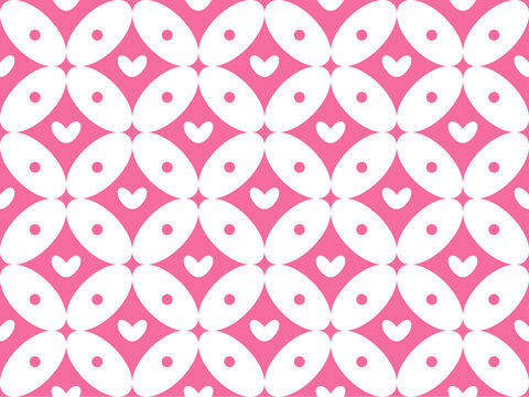 Cute White and Pink Kawung Batik Seamless Pattern with Love Motif in The Middle