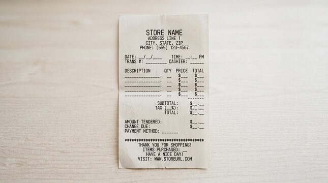 Blank generic store receipt mockup on wooden background
