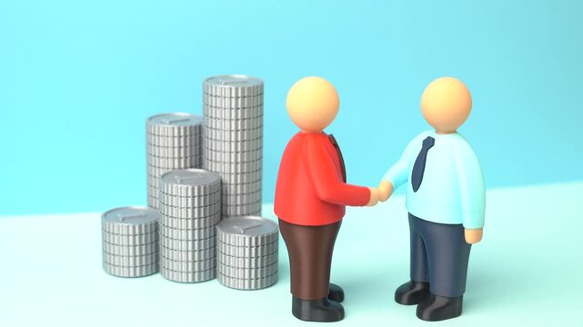 People shaking hands near coin stacks. Concluding a deal and signing a contract. Mediation and arbitration services