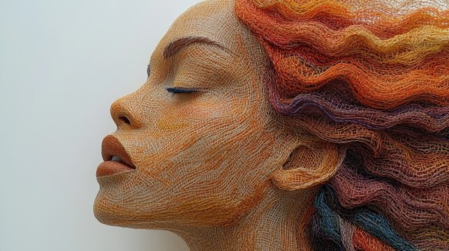 Intricate embroidery art depicts a human face in profile view with vibrant threads