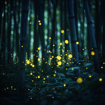 Magical Fireflies Hotaru Illuminating Bamboo Forest Floor at Night, Abundant Golden Lights Glowing in Japanese Summer Night