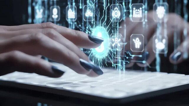 Close Up Hands Typing Keyboard Futuristic Data Overlay 4K Business Stock Video