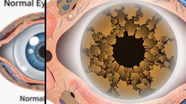 Comparison of a normal eye and a cataract eye with detailed cross-sectional