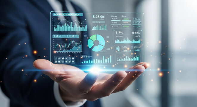 Businessman holding a futuristic digital portfolio management dashboard interface
