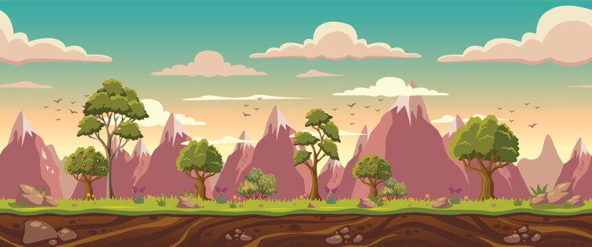 Seamless Cartoon Game Background with Mountains, Trees and Green Meadow, 2D Side Scroller Fantasy Landscape Vector Illustration