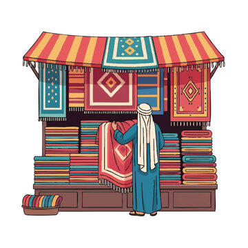 Traditional middle eastern market stall with colorful hanging rugs
