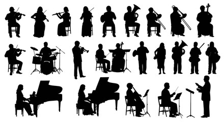 Orchestra Silhouettes: Musicians Playing Instruments, Concert Performance © supri