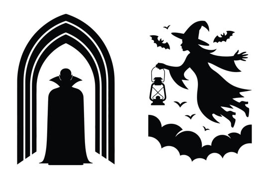 Halloween vampire silhouette and witch with lantern vector halloween silhouette