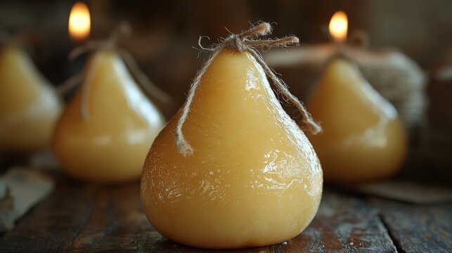 Delightful scamorza cheese tied with string on rustic wooden surface