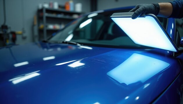 Car repair technician uses light board to fix auto body dents on blue vehicle. Pro paintless dent removal service in workshop. Skilled worker restores metal panel surface.