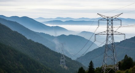Obraz premium High Voltage Power Transmission Lines Towering Over Misty Green Mountain Landscape