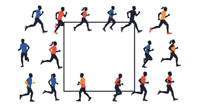 Diverse runners circle blank square frame, fitness activity, sport concept, healthy lifestyle