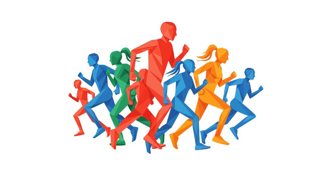 Diverse group of runners in vibrant geometric low-poly style, running competition, action, fitness