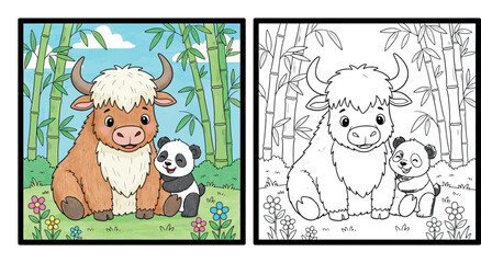 Fototapeta premium Cute Highland Cow and Panda Cartoon Illustration in Bamboo Forest with Flowers and Happy Nature Background
