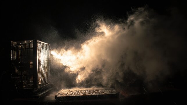 Open pc case releasing dust cloud, simulated IT technician maintenance scenario in dim workshop, compressed air forcing debris through vents and mesh, dramatic backlight revealing fine particles,
